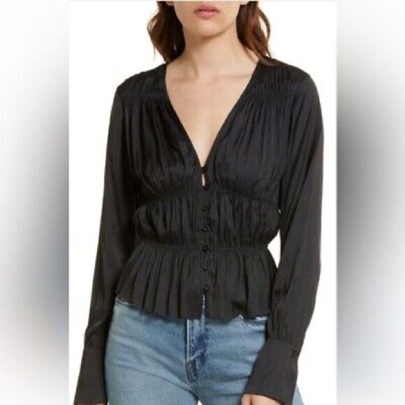 Frame Shirred Black VNeck Blouse NWT Medium - Picture 1 of 5
